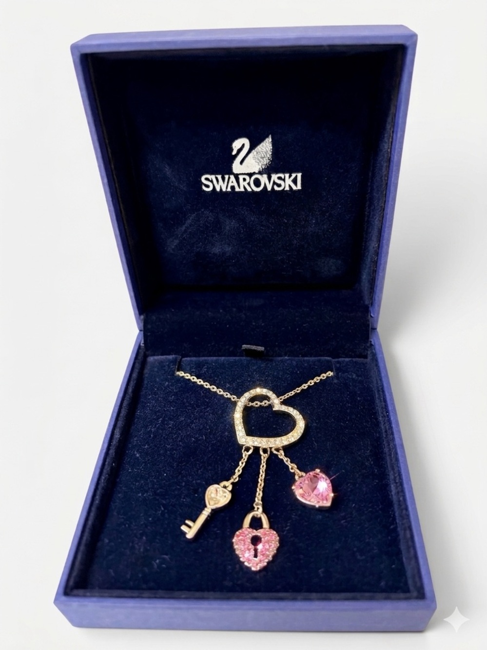 Swarovski Pink Crystal Heart Lock & Key Necklace with Box Vintage Y2K